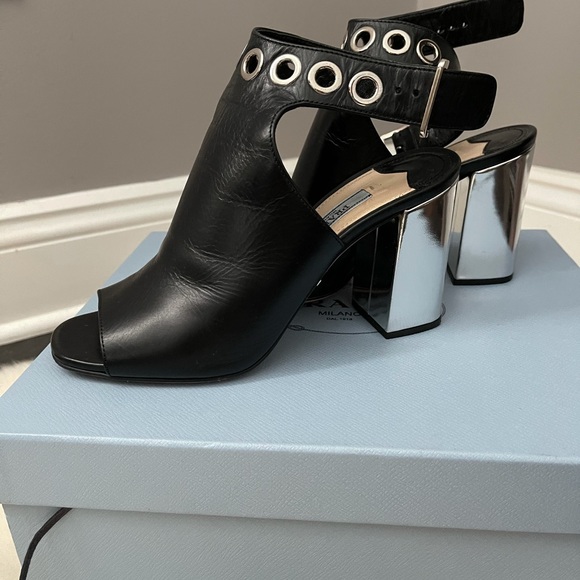PRADA Open Toe Metallic Rivet Block Heel Sandals 6 - Picture 9 of 15